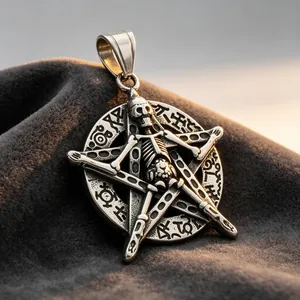Macro detail of a stainless steel skeleton pentagram pendant for men's jewelry