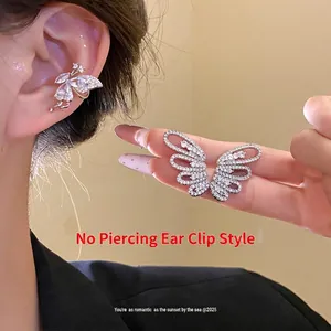 Luxury Copper Zirconia Butterfly Wing Ear Cuffs Non Pierced Earrings Fashion Minimalist Chic Jewelry For Women Silver Tone One Pair