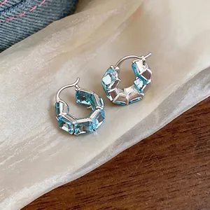 Eleganti orecchini a cerchio in argento retrò con pietre geometriche di zircone blu