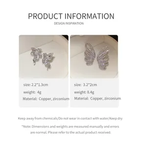 Detailed view of zircon butterfly wing ear cuffs with size and material information