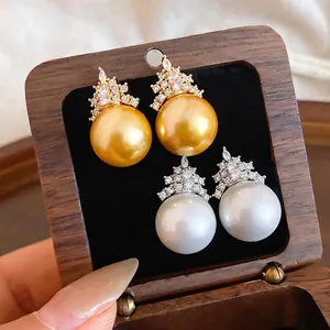 Geometric Artificial Pearl Stud Earrings For Women With 925 Sterling Silver Earring Post Zirconia Rhinestone Jewelry Gift