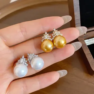 Elegant crown zircon and pearl stud earrings in gold and white finish for women's jewelry