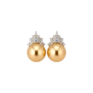 Elegant Korean style gold pearl stud earrings with sparkling zircon geometric crown design