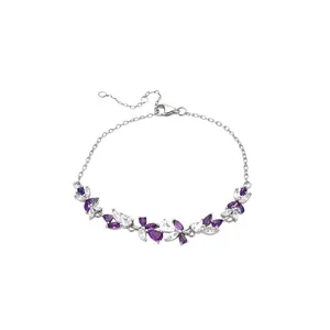 Bracelet élégant en argent avec zircons violets et blancs en forme de goutte d'eau