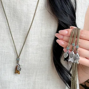 Handmade Literary Retro Stone Fish Pendant Necklace With Woven Rope Heart Charm Long Sweater Chain Ethnic Jewelry For Women