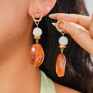 Irregular Geometric Pleated Resin Drop Earrings For Women Retro Marble Texture Jewelry With 925 Sterling Silver Earring Post