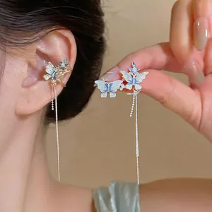 Boucles d'oreilles à Clips à Franges Papillon Bleu Émail pour Femmes Clips d'oreilles en Cuivre avec Zirconia Incrusté
