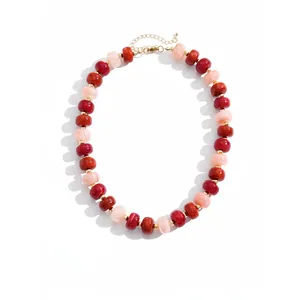 Chunky red and pink marbled acrylic bead necklace with adjustable gold-toned extender chain