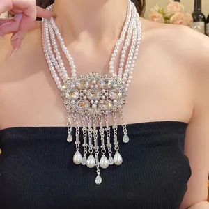 Multi-layered pearl necklace with crystal pendant and teardrop tassels for women