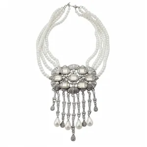 Elegant multi-layer pearl necklace with rhinestone center and water drop tassels