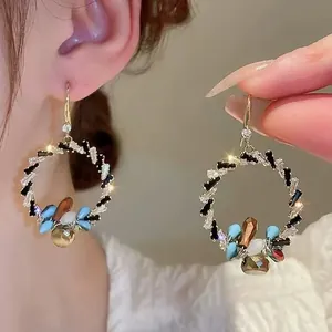 Luxus Strass Kristall Kreis Reifen Ohrhaken Für Frauen Mode Geometrische Bunte Edelstein Tropfen Ohrringe Leichter Luxus Schmuck