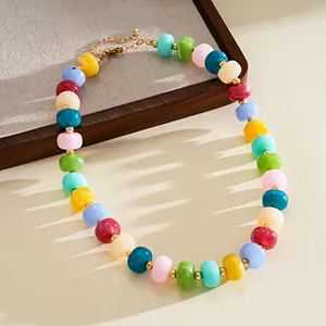 Close-up of colorful ink-wash acrylic beads on this stylish dopamine necklace design