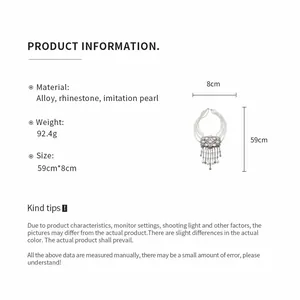 Product information for multi-layer pearl necklace with rhinestone tassel details