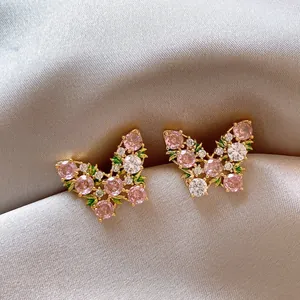 Orecchini a Bottone Farfalla in Zirconia Vintage Francese in Rame Color Oro Con Perno in Argento Gioielli Donna