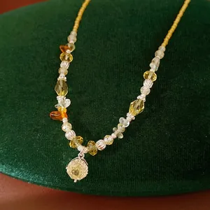 Yellow Beaded Necklace For Women With Glass Stone Beads And Zirconia Flower Pendant Fresh Sweet Style Strand Choker Jewelry Gift