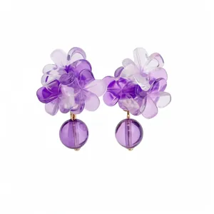 Eleganti orecchini a lobo a fiore in resina viola con perle tonde per donne alla moda