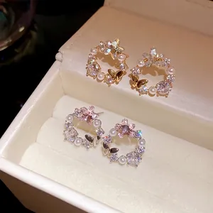 Elegant 18k gold plated butterfly wreath earrings with sparkling zircon and faux pearls