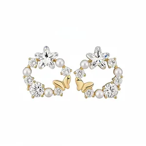 Elegant 18k gold plated zircon pearl butterfly stud earrings for women light luxury jewelry