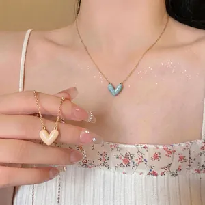 14K Gold Plated Copper Enamel Heart Pendant Necklace Minimalist Korean Style Clavicle Chain Jewelry For Women Daily Dating Gift
