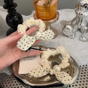 Sweet Fresh Fabric Lace Trim Bowknot Hair Tie For Women Elegant Polka Dot Bow Artificial Pearl Scrunchie Hair Accessory