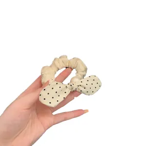 Elegant sweet polka dot bow hair scrunchie with pearl and delicate lace trim detail