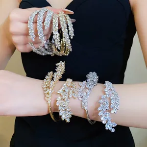 Vintage Triple Layer Leaf Crisscross Open Bangle For Women Luxury Zirconia Copper Adjustable Cuff Bracelet Gold Silver Jewelry