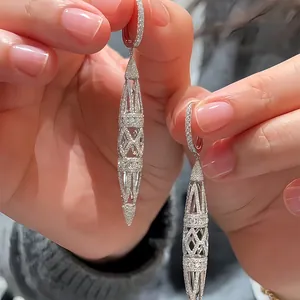 Vintage Court Style Hollow Rhombus Drop Hoop Earrings For Women Gold Silver Plated Zirconia Inlaid Palace Jewelry Accessories
