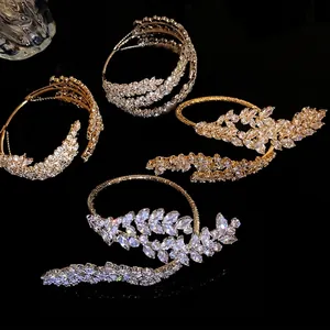 Luxurious gold-tone leaf open cuff bracelet with sparkling zircon stones for women