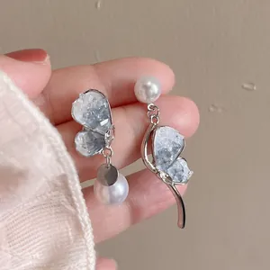 Korean Ins Style Asymmetrical Crystal Butterfly Artificial Pearl Stud Earrings Stainless Steel Elegant Jewelry For Women