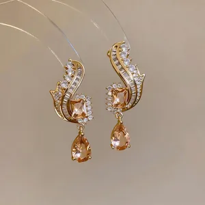 Luxury vintage champagne zircon teardrop dangle earrings with elegant gold plating for women