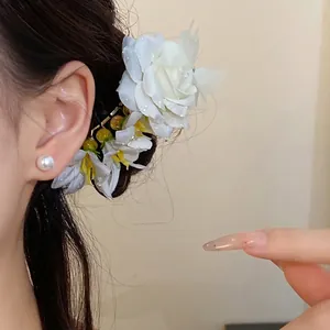 Fresh Sweet Fabric Flower Hair Stick Ancient Style White Rose Hair Fork Elegant Cheongsam Accessory For Women Vacation Wedding