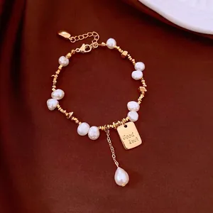 18K Gold Plated Alloy Freshwater Pearl Bracelet For Women High End Jewelry With Good Luck Square Charm Rhinestone Accents
