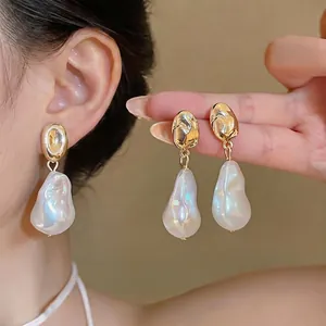 French Vintage Irregular Alloy Gold Baroque Artificial Pearl Drop Earrings With 925 Sterling Silver Earring Post For Women Jewelry