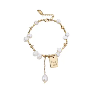 18K gold plated pearl bracelet with Good Luck tag and baroque pearls for women