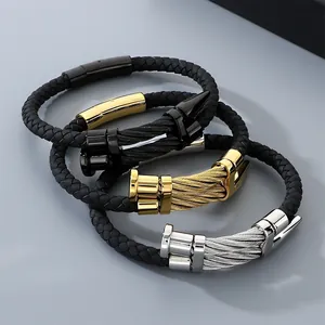 Men's punk style braided leather bracelet with stainless steel spike head accents