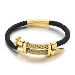Handcrafted men's punk style gold stainless steel nail head and braided black leather bracelet