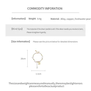 Detailed dimension and material specifications for this pearl charm gold plated bracelet
