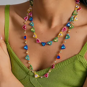 European Fashion Dopamine Colorful Heart Pendant Necklace Alloy Stainless Steel Rhinestone Enamel Drip Neck Jewelry For Women