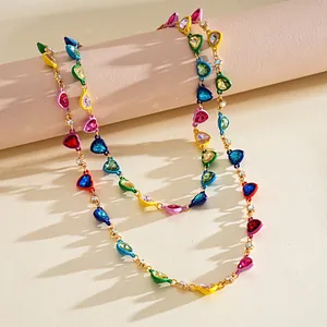 Detailed close-up view of a colorful dopamine style enamel heart rhinestone necklace.