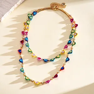 Detailed view of a dopamine-style double-strand necklace with colorful crystal hearts.