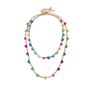 Vibrant multi-colored heart crystal double-layer necklace with gold-tone finish