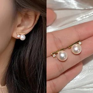 Orecchini a Bottone in Perle Artificiali e Strass Minimalisti Coreani Con Perno in Argento Placcati Oro Gioielli di Moda per Donna