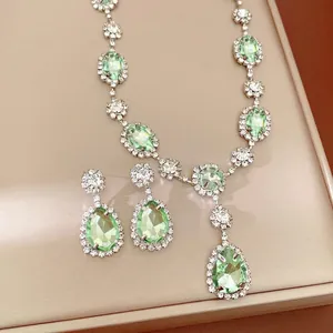 Vintage Palatial Copper Necklace And Earrings Colorful Zirconia Waterdrop Oval With Silver Earring Post For Women Banquet