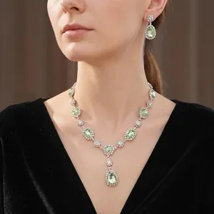 Luxury vintage green teardrop crystal jewelry set including necklace and stud earrings