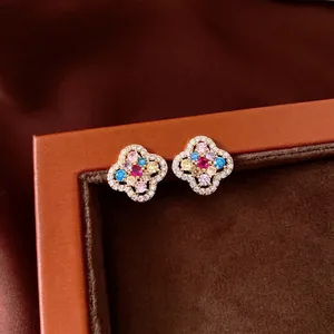 Vintage 14K Gold Plated Zirconia Flower Stud Earrings For Women Luxurious New Chinese Style Elegant Floral Jewelry With Silver Post