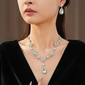 Luxurious light green water-drop and oval gemstone jewelry set with necklace and earrings
