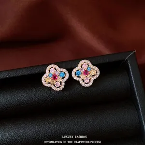Elegant 14k gold plated flower stud earrings with multi-colored zircon stones and crystals
