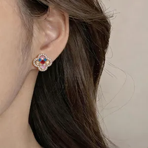 Vintage 14k gold plated flower stud earring with colorful zircons for elegant look