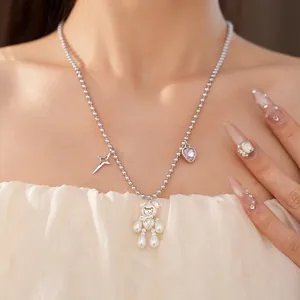 Elegant zircon star and pearl bear necklace, stylish dainty jewelry for women's gift