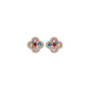 Vintage 14k gold plated clover stud earrings featuring colorful zircons and pavé border